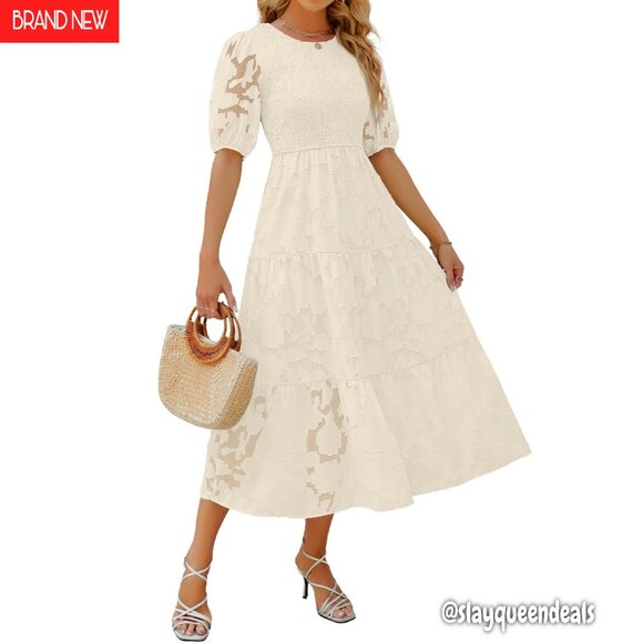 Summer Maxi Dress Floral Lace Puff Sleeve Smocked Midi Tiered